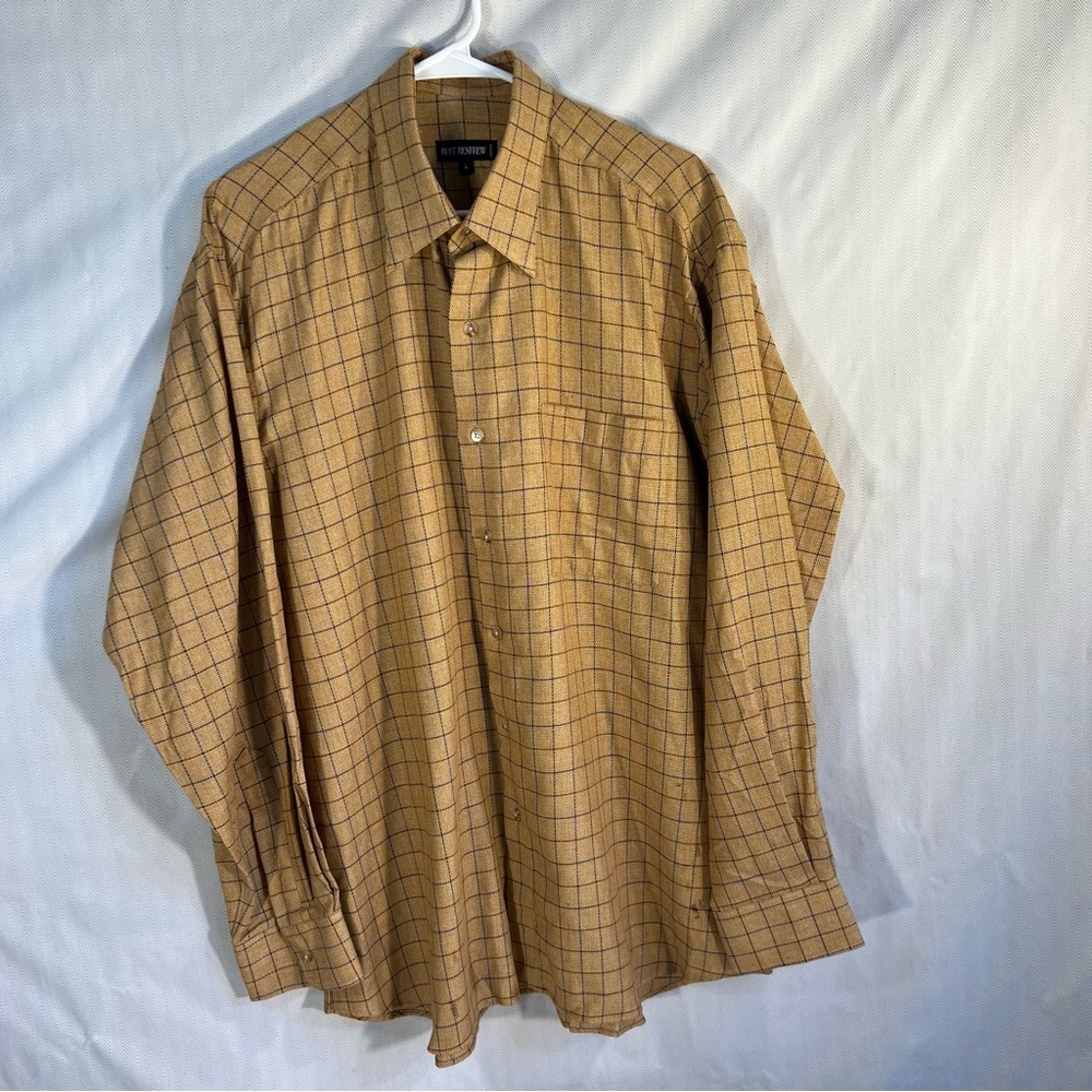 Holt Renfrew Shirt Brown Tan Blue Plaid Woven Cotton Button Up Long Sleeve L👍